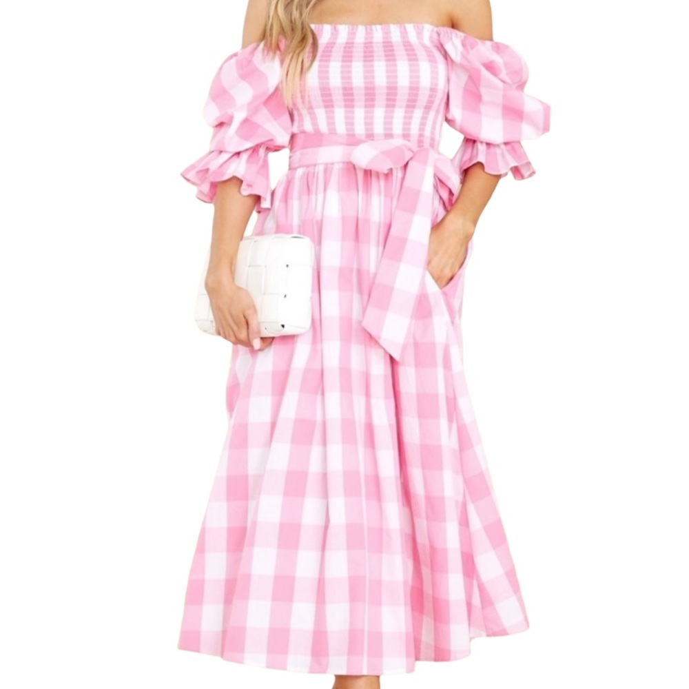 aura • pink white gingham check puff sleeve fit flare midi dress